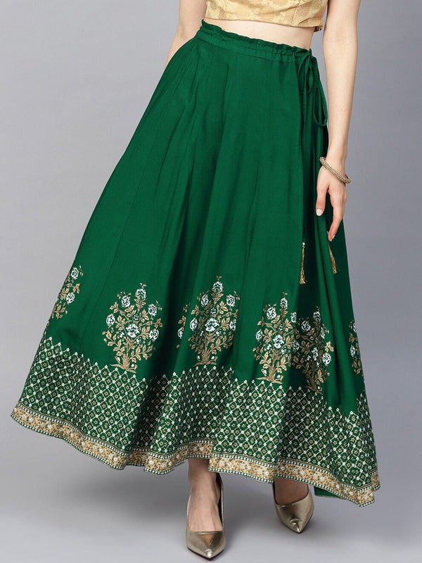 Women's KSUT Green & Gold-Coloured Printed Flared Maxi Skirt - Varanga