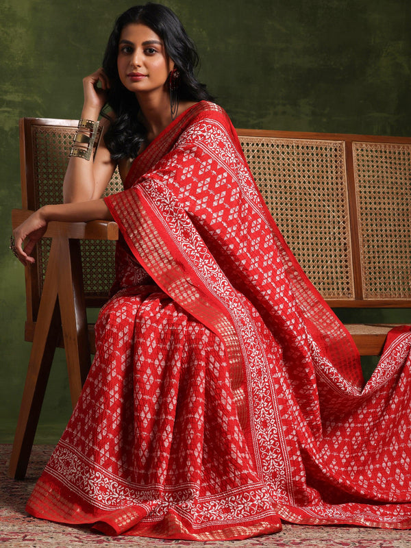 Red Printed Silk Blend Saree With Unstitched Blouse Piece - Jashvi