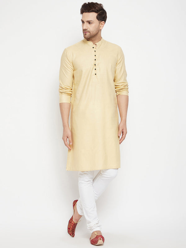 Men's Beige Color Long Kurta with Band Collar - Even Apparels