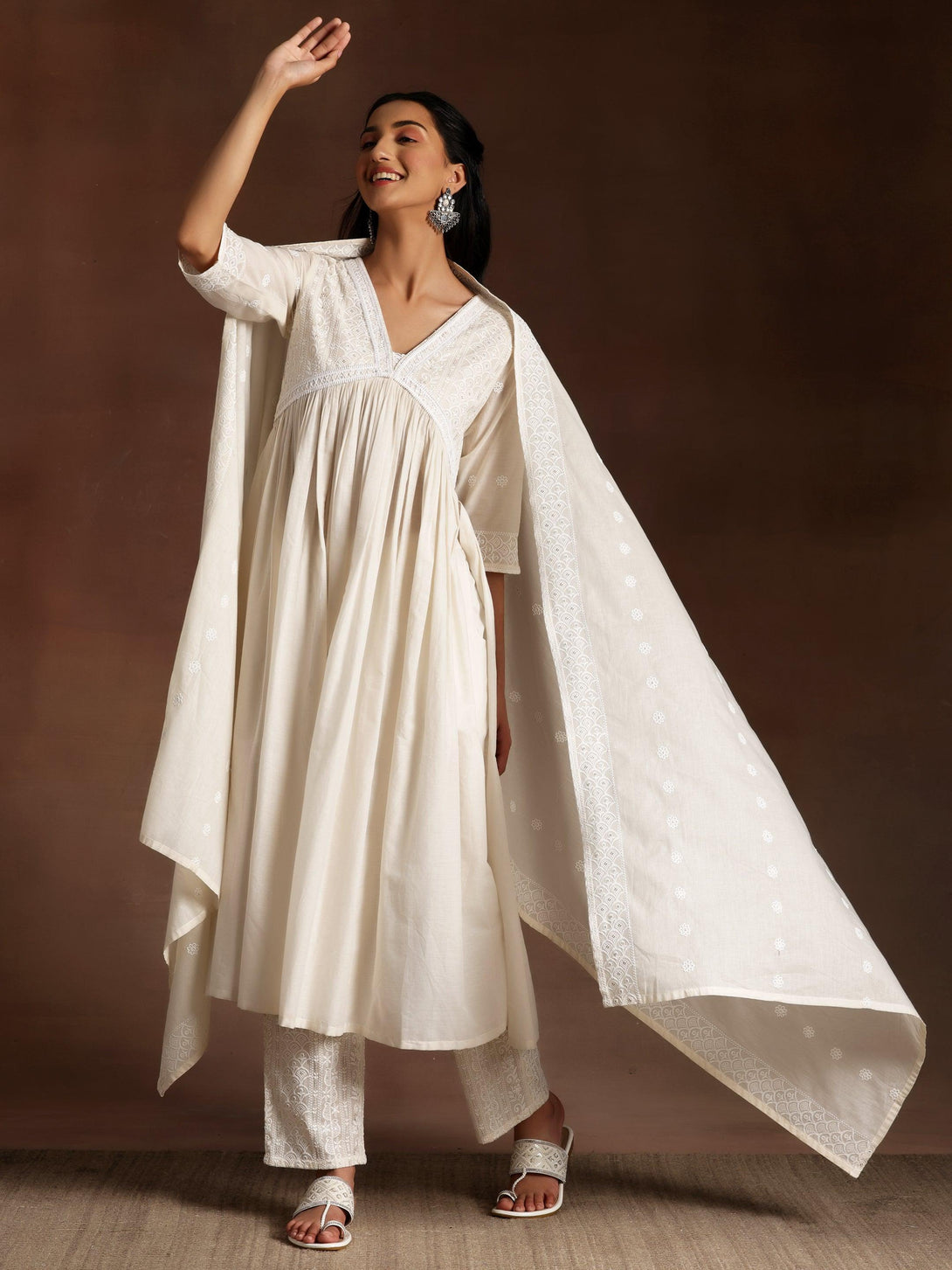 Alizeh Off white Embroidered Cotton A-Line Kurta With Palazzos & Dupatta - Jashvi