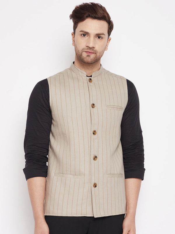 Men's Beige Color Woven Nehru Jacket - Even Apparels