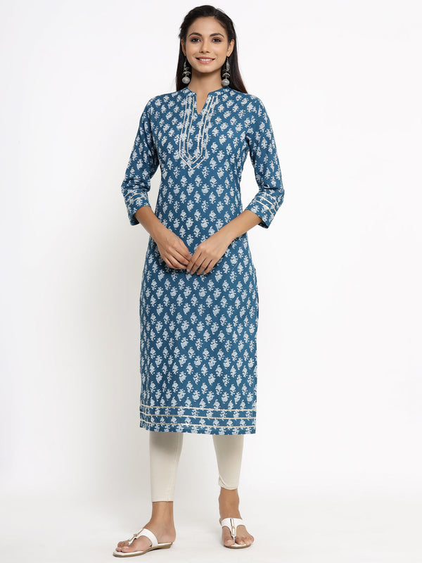 Women's Self Desgin Cotton Fabric Straight Kurta Blue Color - Kipek