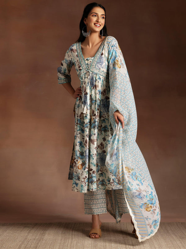 Off white Printed Silk Blend A-Line Kurta With Palazzos & Dupatta - Jashvi