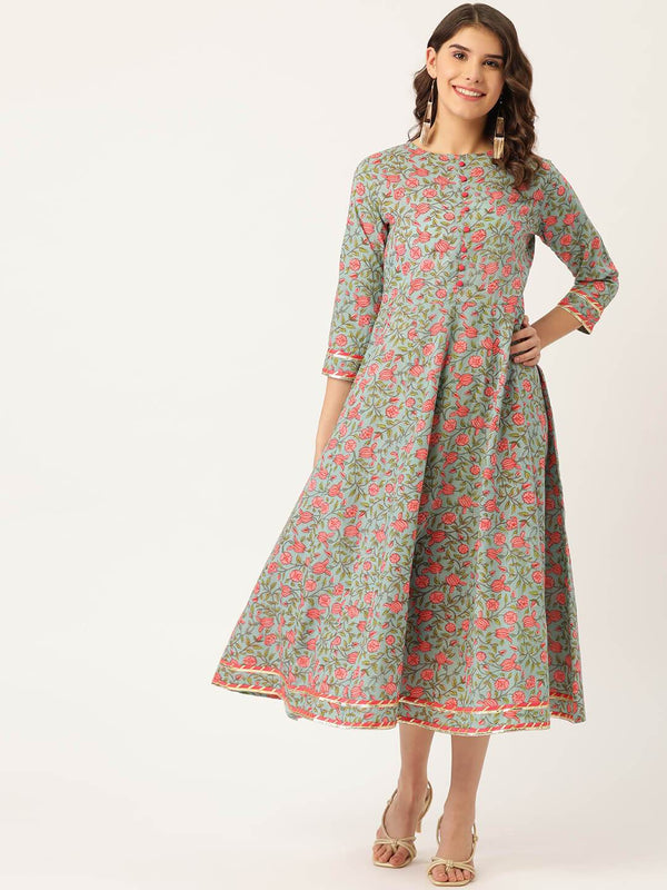 Women's Cotton Floral Printed & Gota Work detailing Anarkali Kurta - Maaesa