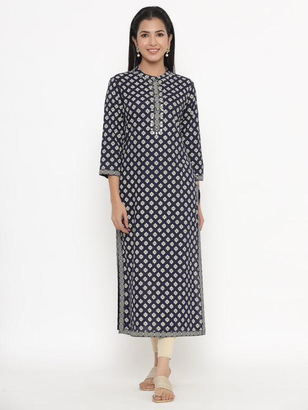 Women's Self Desgin Rayon Fabric Straight Kurta Navy Color - Kipek