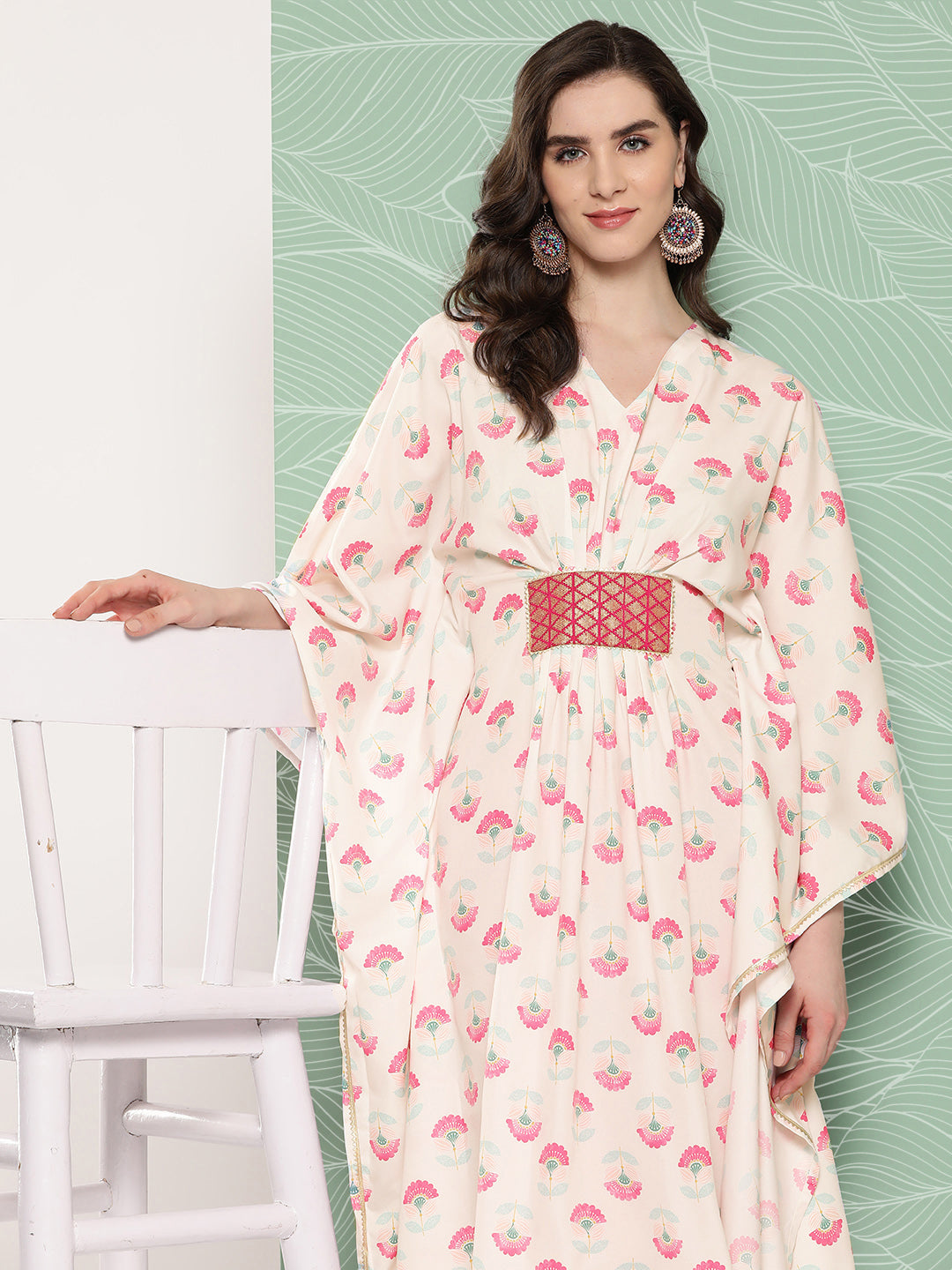 Women's Floral Printed Flared Sleeves Gotta Patti Crepe Kaftan Kurta - Ahalyaa