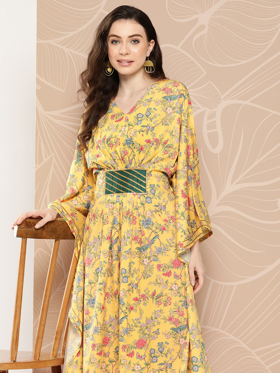 Women's Floral Printed Flared Sleeves Gotta Patti Floral Crepe Kaftan Kurta - Ahalyaa