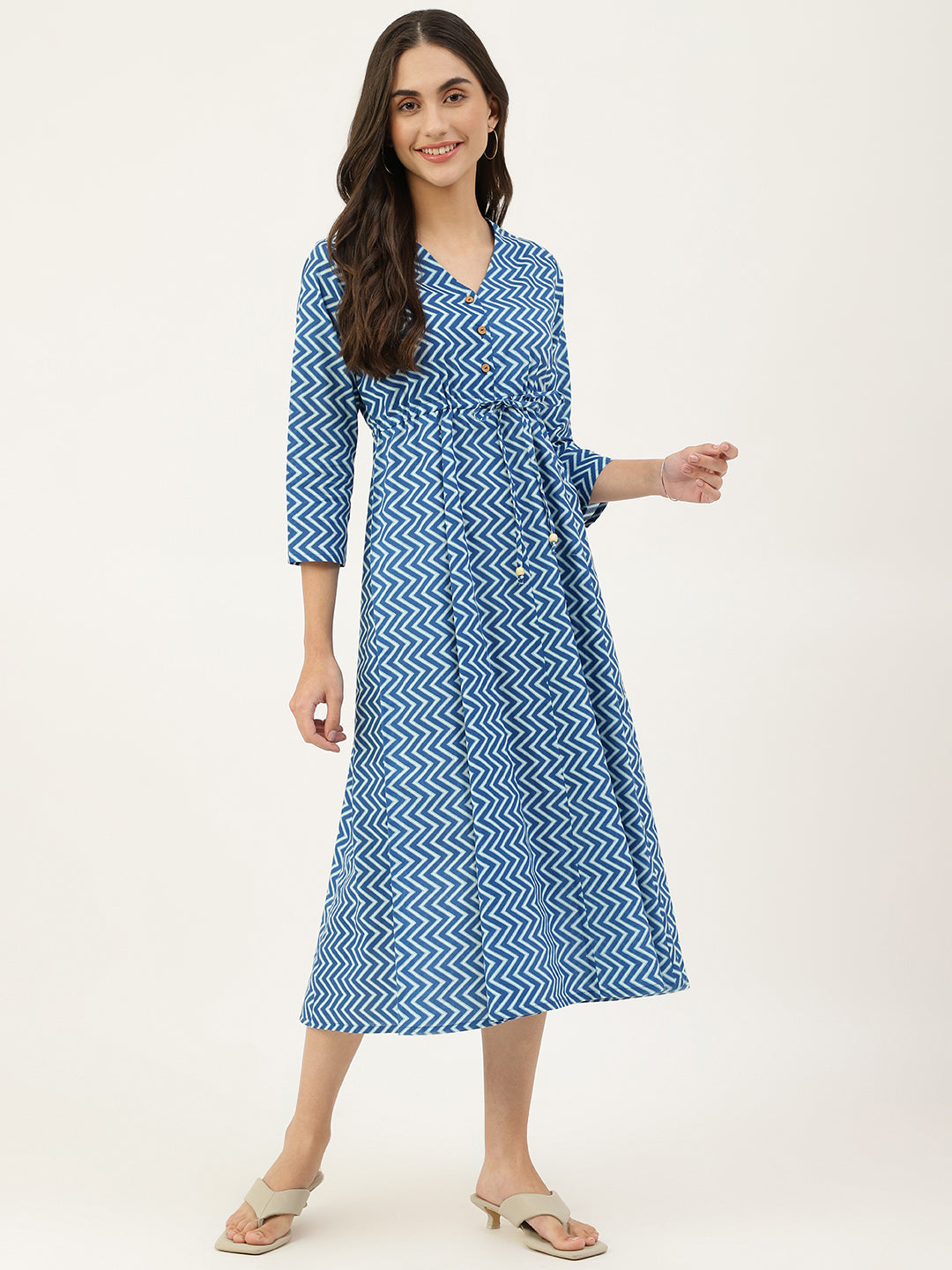 Women's Blue Fit And Flare Dress Cotton Cheveron Printed Flared Calf Length Dress - Deckedup