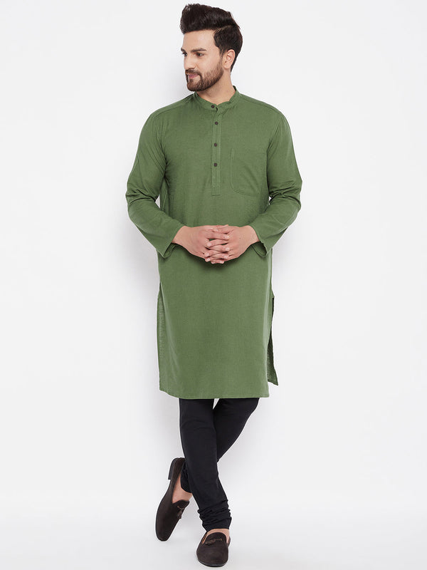 Men's Solid Linen Green Straight Kurta - Even Apparels