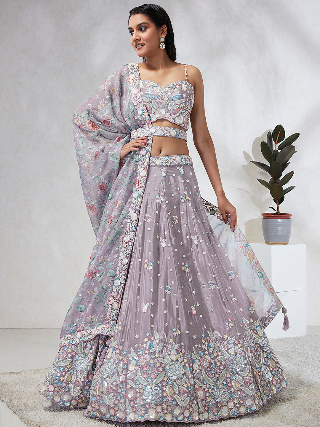 Women's Violet Chiffon Sequins And Thread Embroidery  Lehenga Choli & Dupatta - Royal Dwells