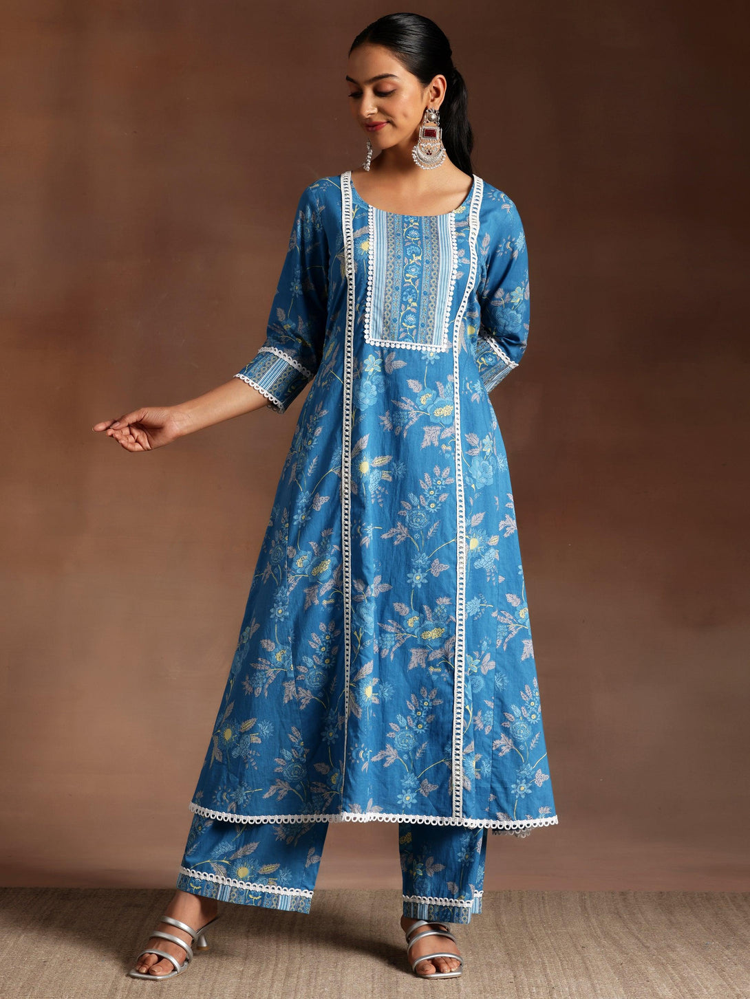 Blue Printed Cotton A-Line Kurta With Palazzos - Jashvi