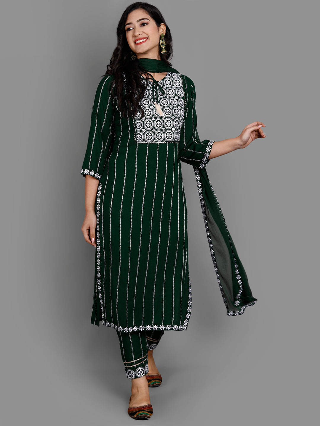 Women's Green Rayon Kurta Pant And Dupatta Set - Noz2Toz