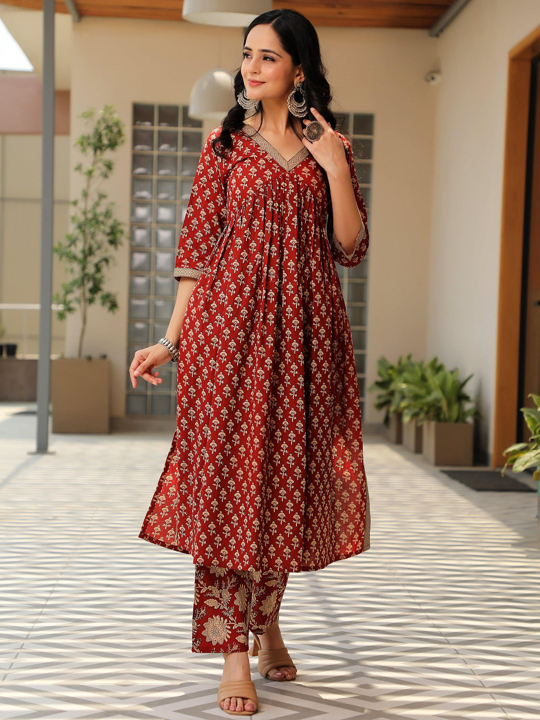 Rust Printed Cotton A-Line Kurta With Palazzos - Jashvi