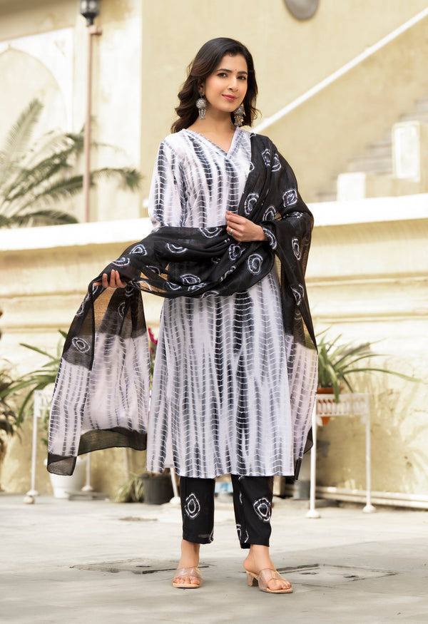 Women's Balck And White Printed Viscose Rayon Kurta, Pant And Dupatta Set - Alvami