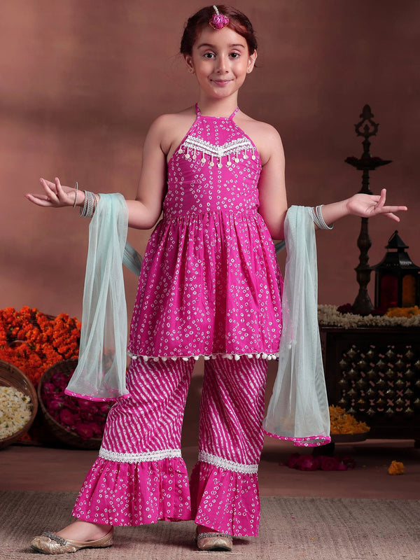 Kids Pink Printed Cotton A-Line Kurti With Palazzos & Dupatta