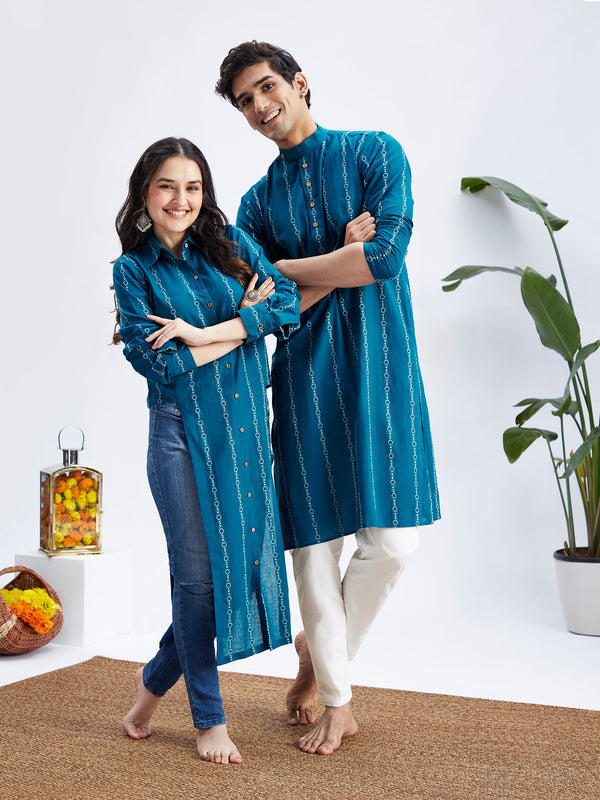 Jashvi Indigo Blue MEN WOMEN Men's:Kurta Pyjama Set  Women's:Kurta