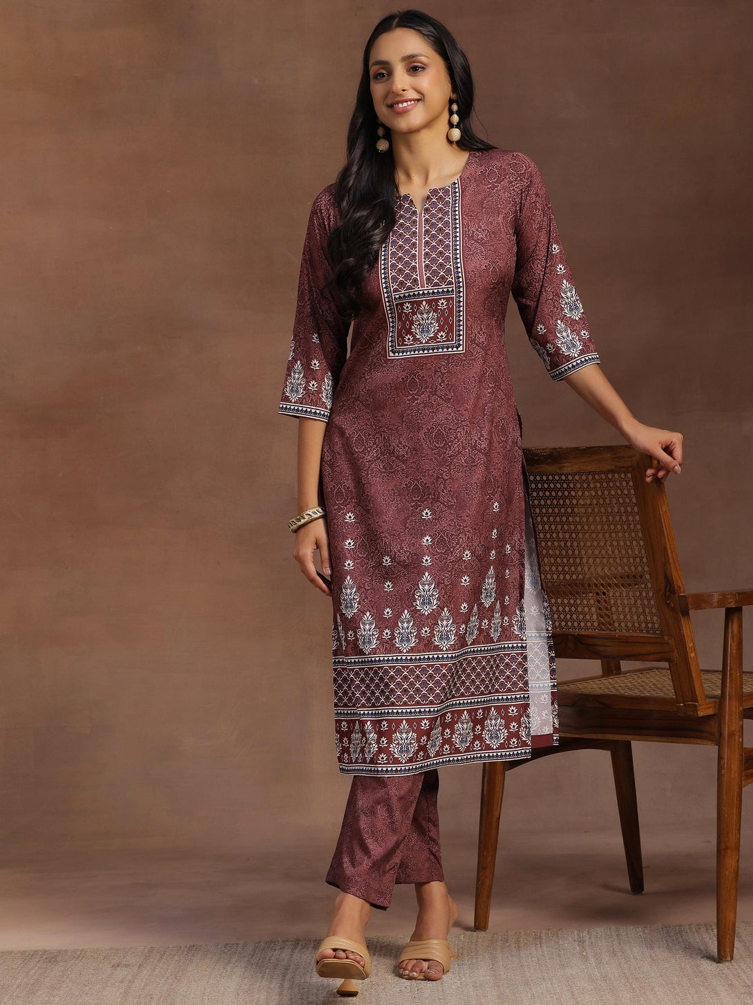 Brown Printed Poly Crepe Straight Kurta With Trousers - Jashvi