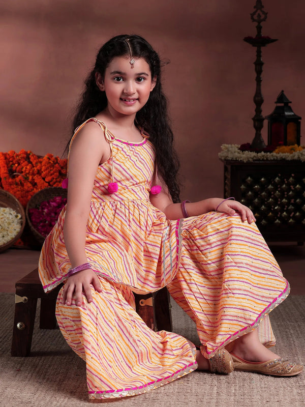 Kids Yellow Printed Cotton A-Line Kurta With Sharara