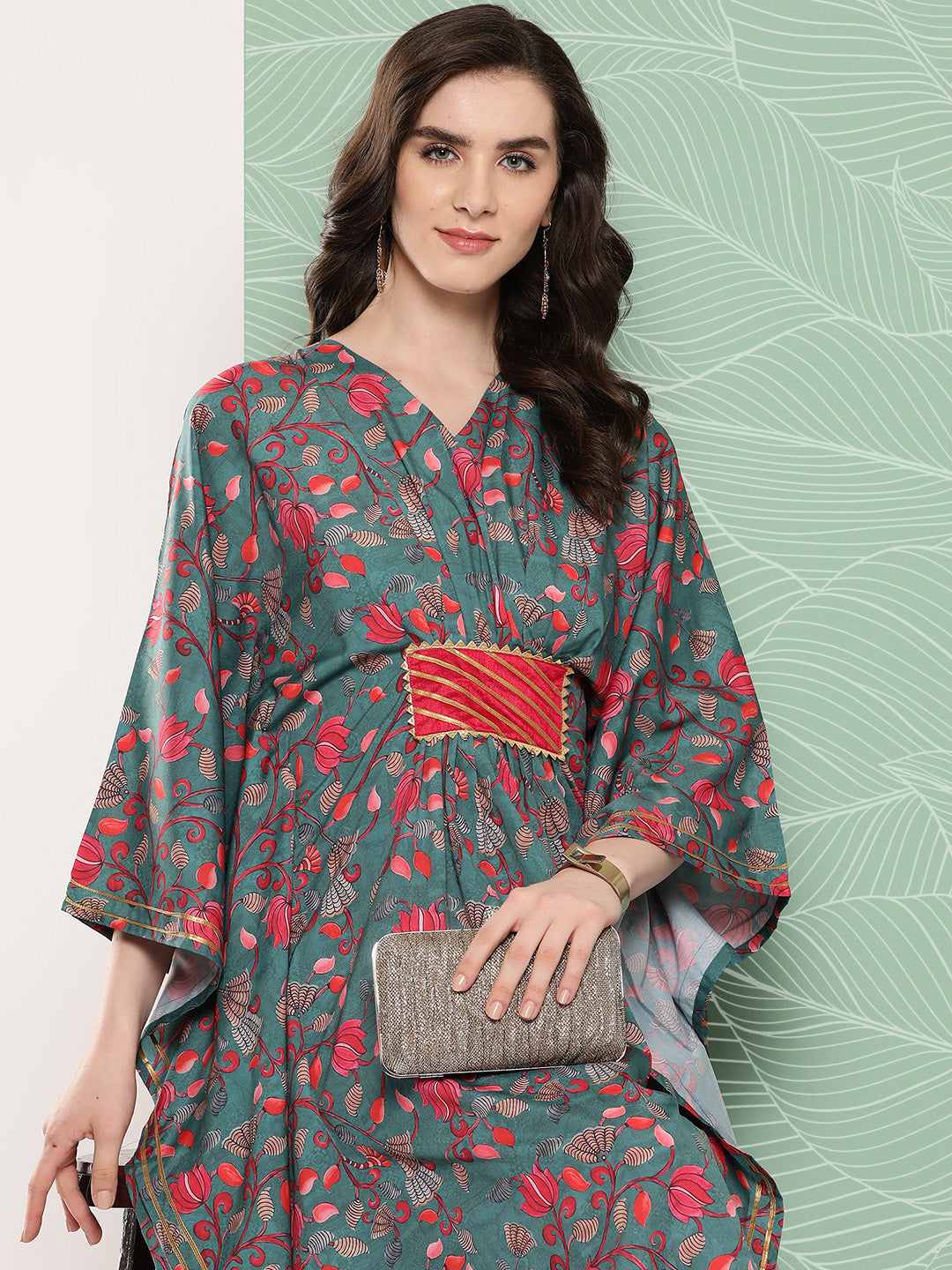 Women's Floral Printed Flared Sleeves Gotta Patti Crepe Kaftan Kurta - Ahalyaa