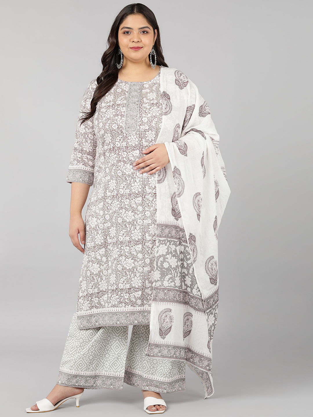 Women's Cotton Floral Print Straight Kurta Set (Off-White) - Kipek