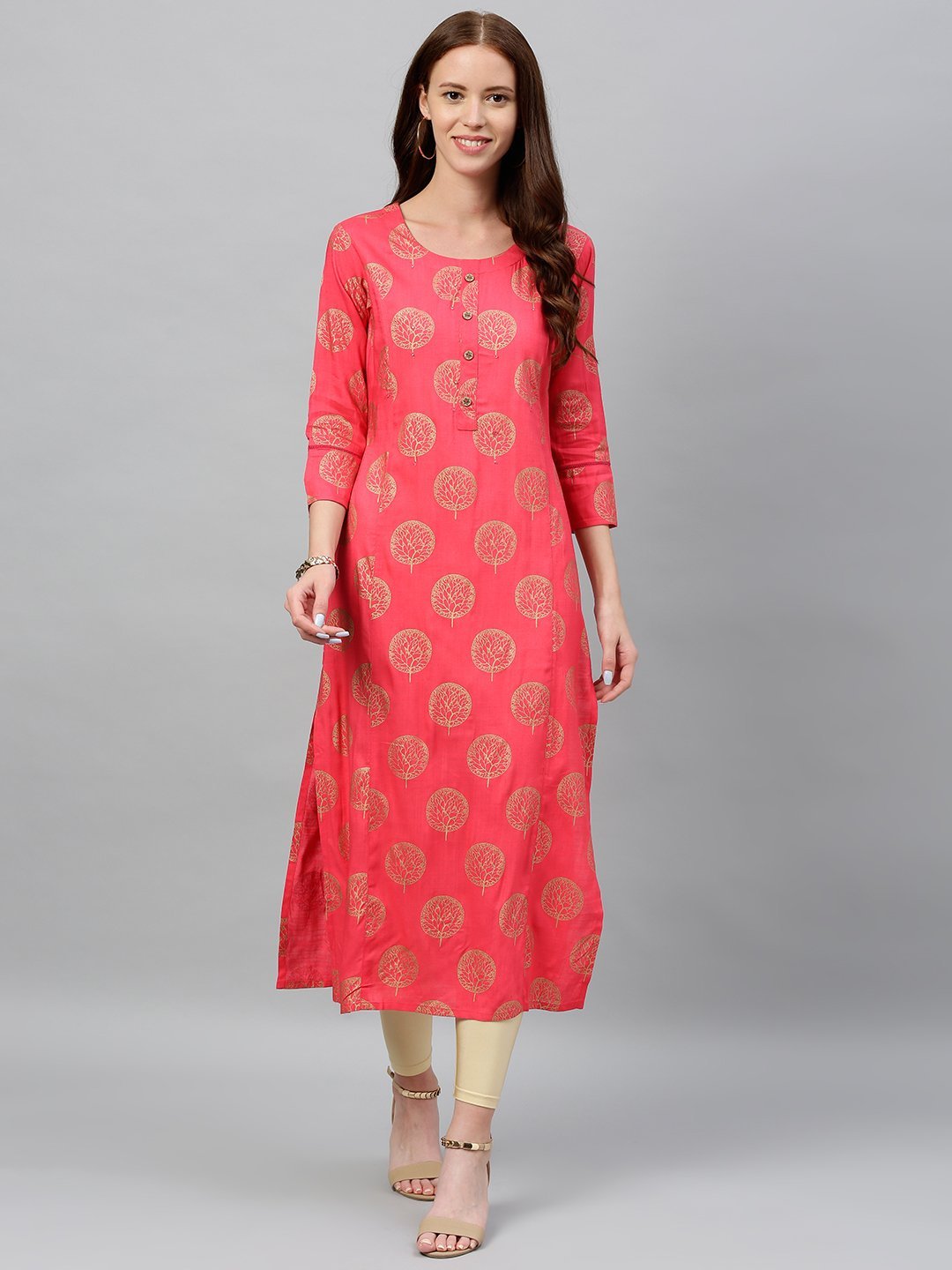 Women's Golden Floral Printed Kurta by Kipek- (1pc set)