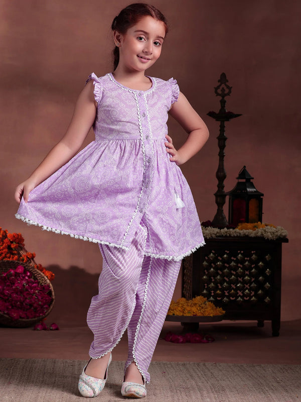 Kids Purple Printed Cotton Straight Suit With Dupatta