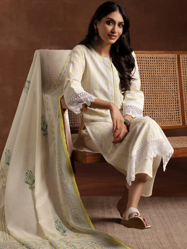 Off White Embroidered Cotton Blend Straight Suit With Dupatta - Jashvi