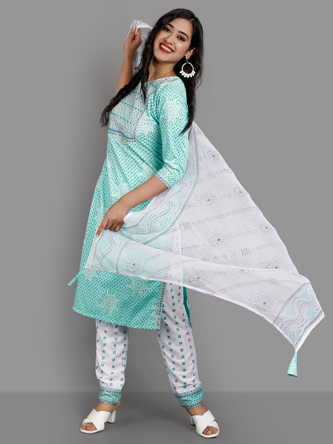 Women's Aqua Blue Rayon Kurta Pant And Dupatta Set - Noz2Toz