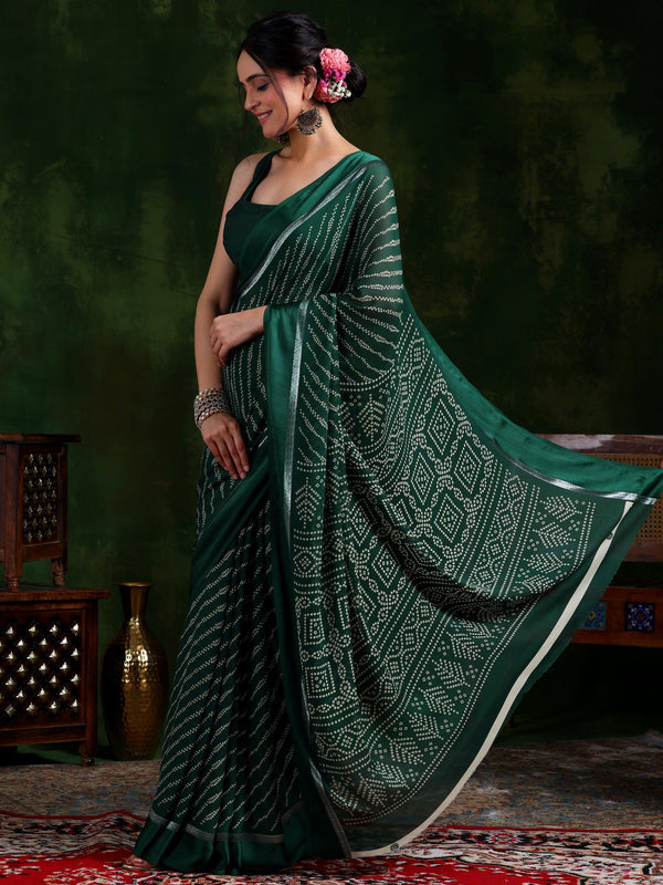 Green Printed Satin Saree With Unstitched Blouse Piece