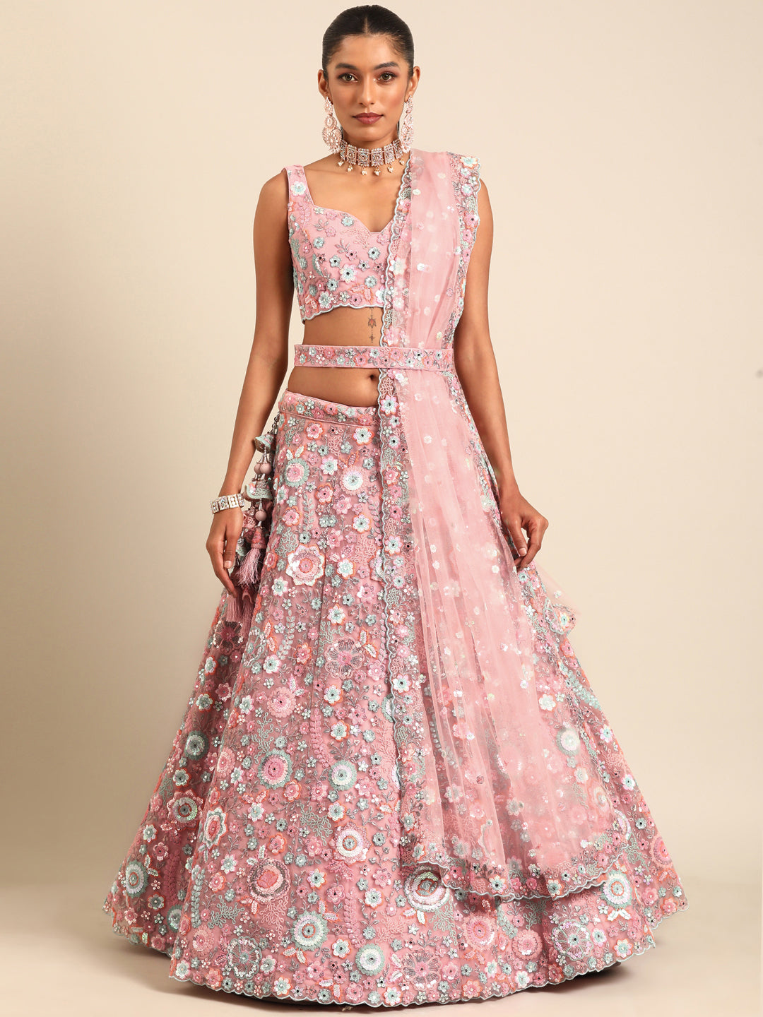 Women's Pink Net Sequins, Mirror And Thread Embroidery  Lehenga Choli & Dupatta - Royal Dwells