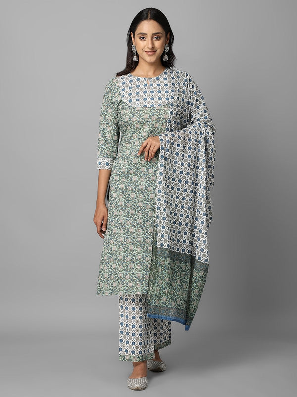 Women's Green And White Floral Printed Side Slit Straight Kurta With Palazzo And Dupatta Set - Azira