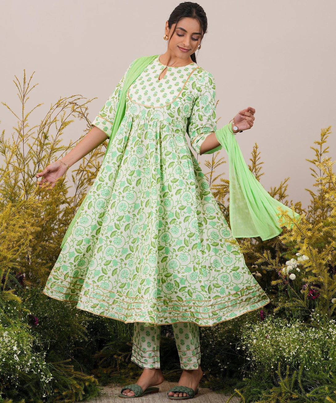 Green Yoke Design Cotton Anarkali Suit With Dupatta - Jashvi