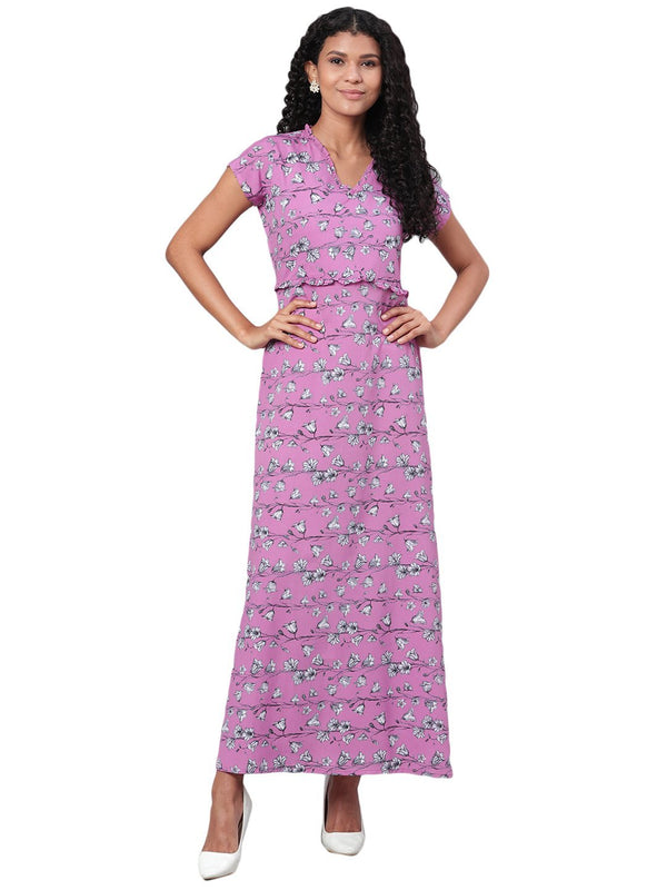 Women's Purple Printed Short Sleeve Polyester V Neck Casual Dress - Myshka