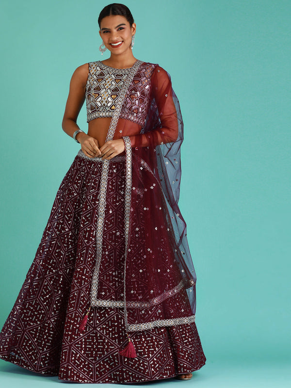 Women's Burgundy Net Sequince Work Lehenga & Blouse, Dupatta - Royal Dwells