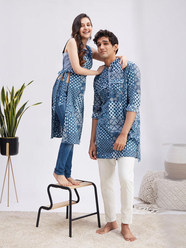 MEN WOMEN 36 - 42 Blue And White Cotton Men's:Kurta Pyjama Set  Women's:Kurta