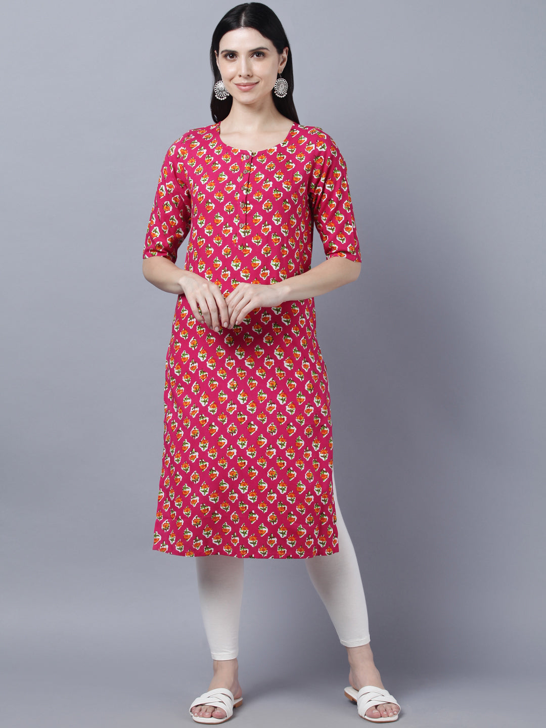 Women's Pink Printed Straight Kurta - Myshka