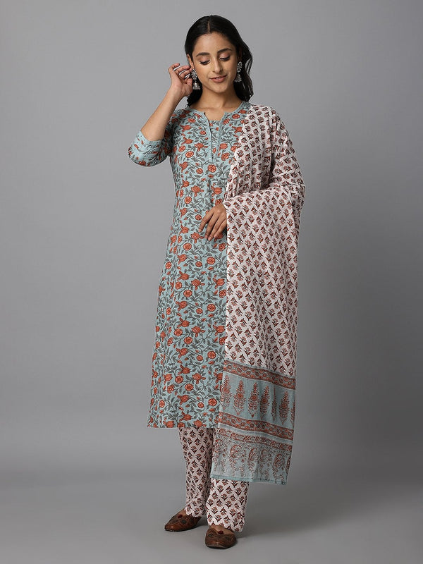 Women's Blue Floral Printed Side Slit Straight Kurta Palazzo And Dupatta Set - Azira