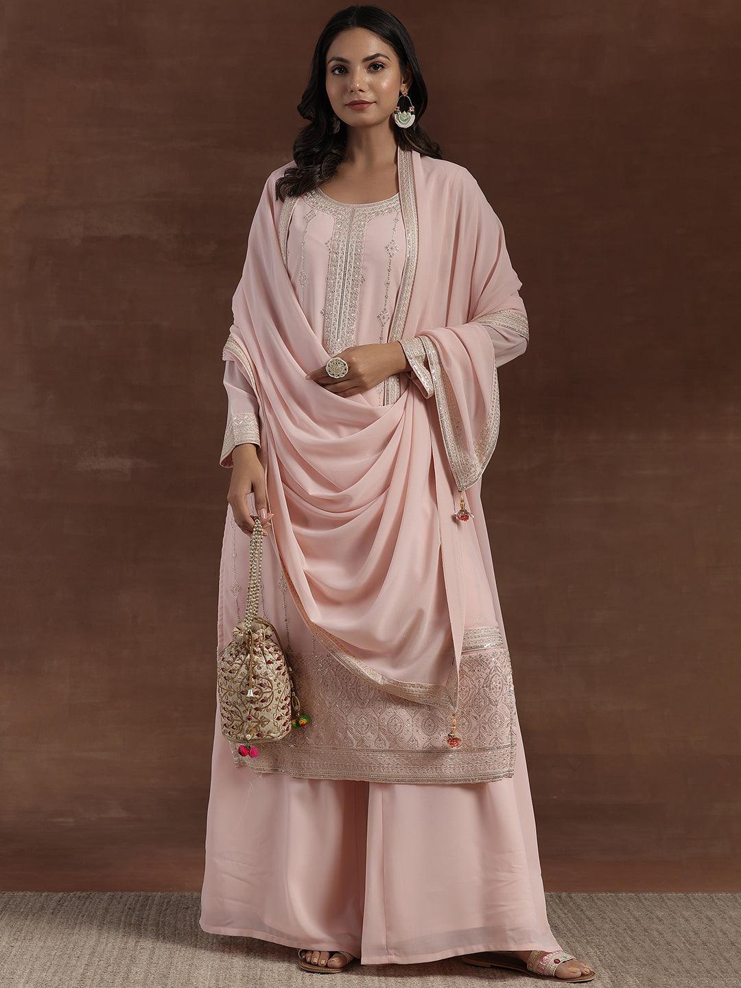 Peach Embroidered Georgette Straight Suit With Dupatta - Jashvi