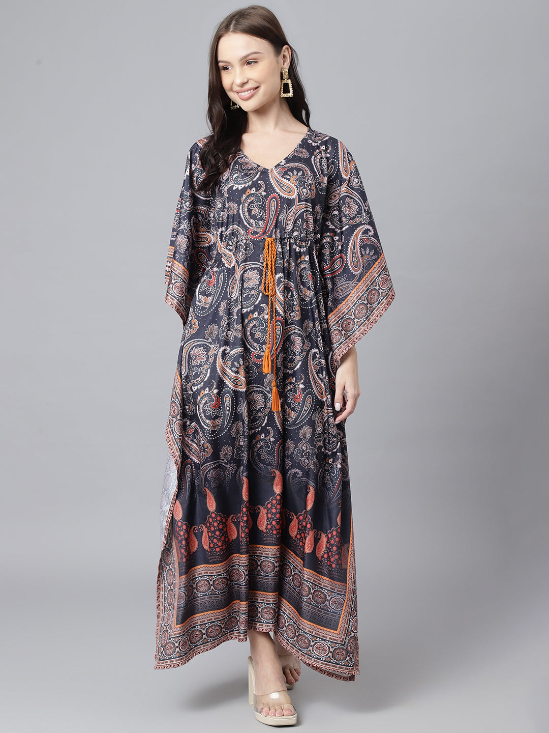 Women's Grey Geomaterical Print Crape Silk Kaftan Dress - DECKEDUP