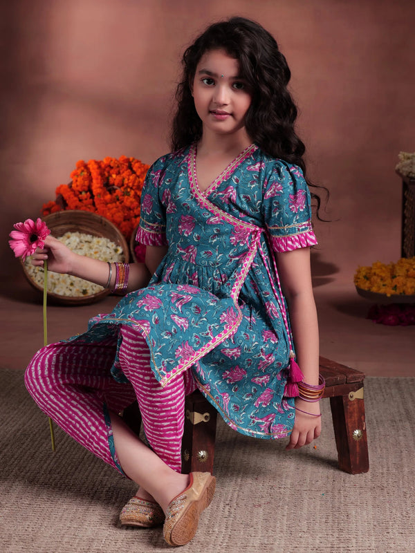 Kids Blue Printed Cotton A-Line Kurta With Dhoti Pants