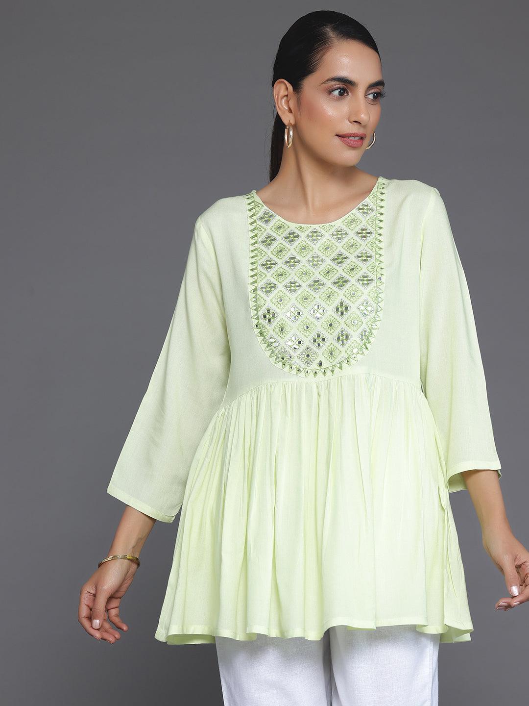 Green Embroidered Rayon A-Line Kurti - Jashvi