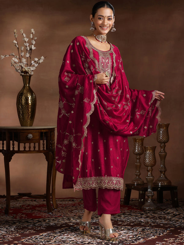 Red Embroidered Silk Blend Straight Suit With Dupatta