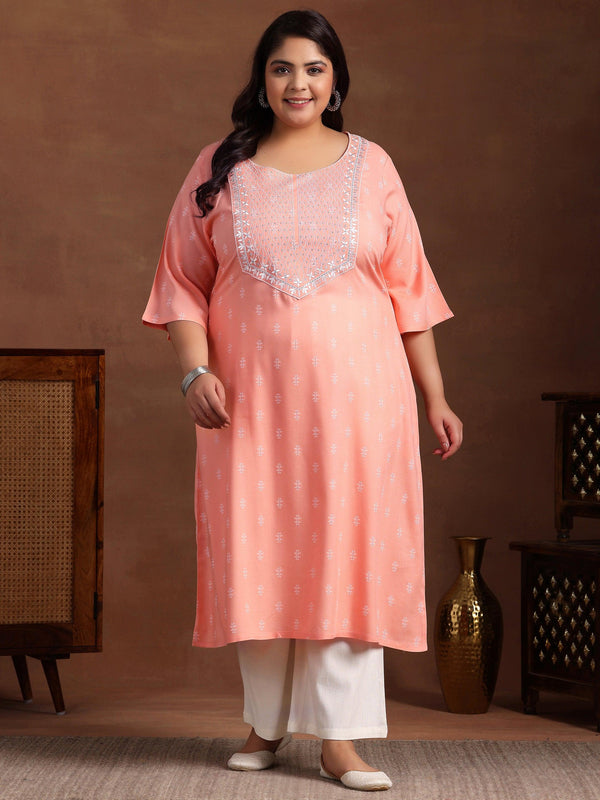 Plus Size Peach Woven Design Rayon Straight Kurta