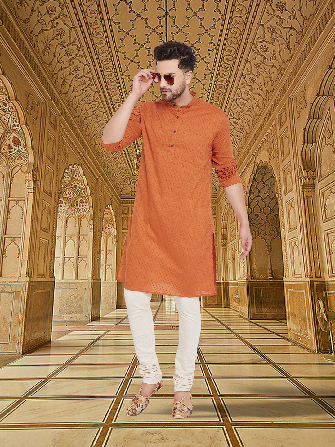 Men's Orange Emboided Cotton Kurta - Even Apparels