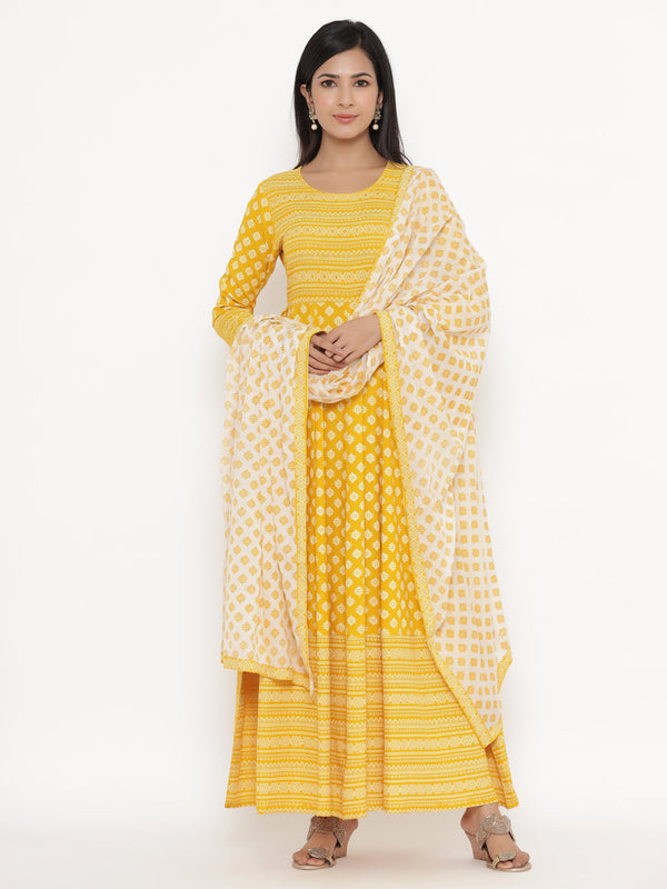 Women's Yellow Anarkali & Dupatta set by Kipek- (2pcs set)