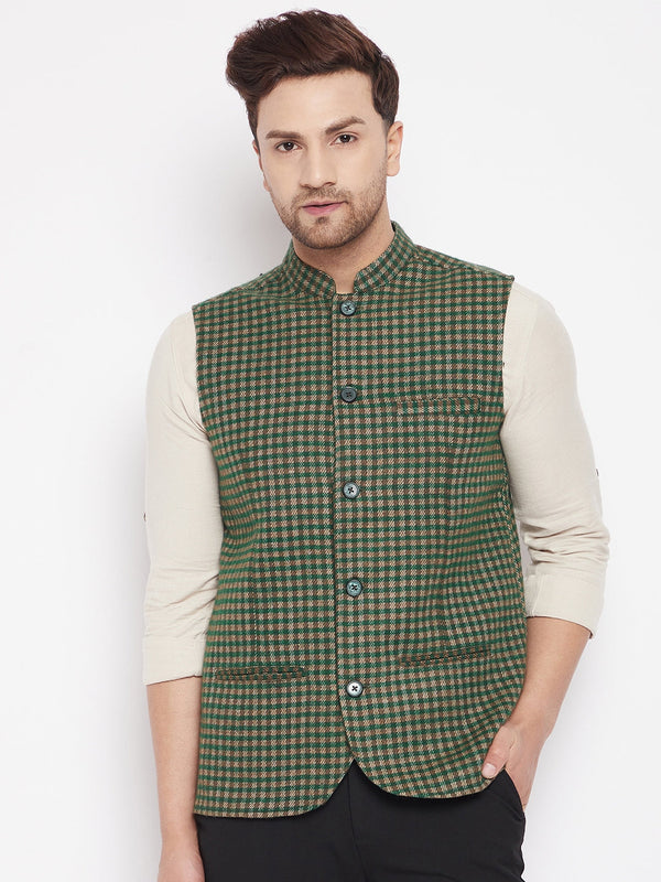 Men's Green Color Woven Nehru Jacket - Even Apparels