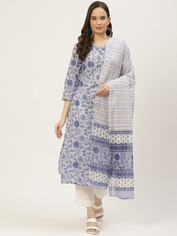 Women's Purple Printed & Embroided Kurta with Trousers & Dupatta (3pc) - Maaesa