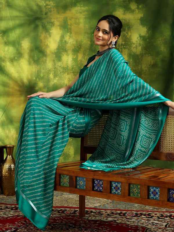 Green Printed Satin Saree With Unstitched Blouse Piece