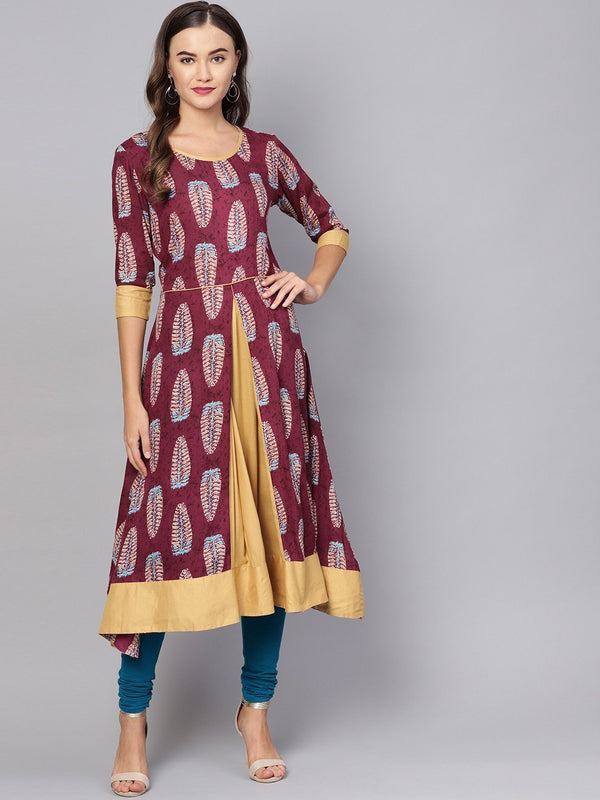 Women's Purple Rayon Printed 3/4 Sleeve Round Neck Casual Kurta Only - Myshka