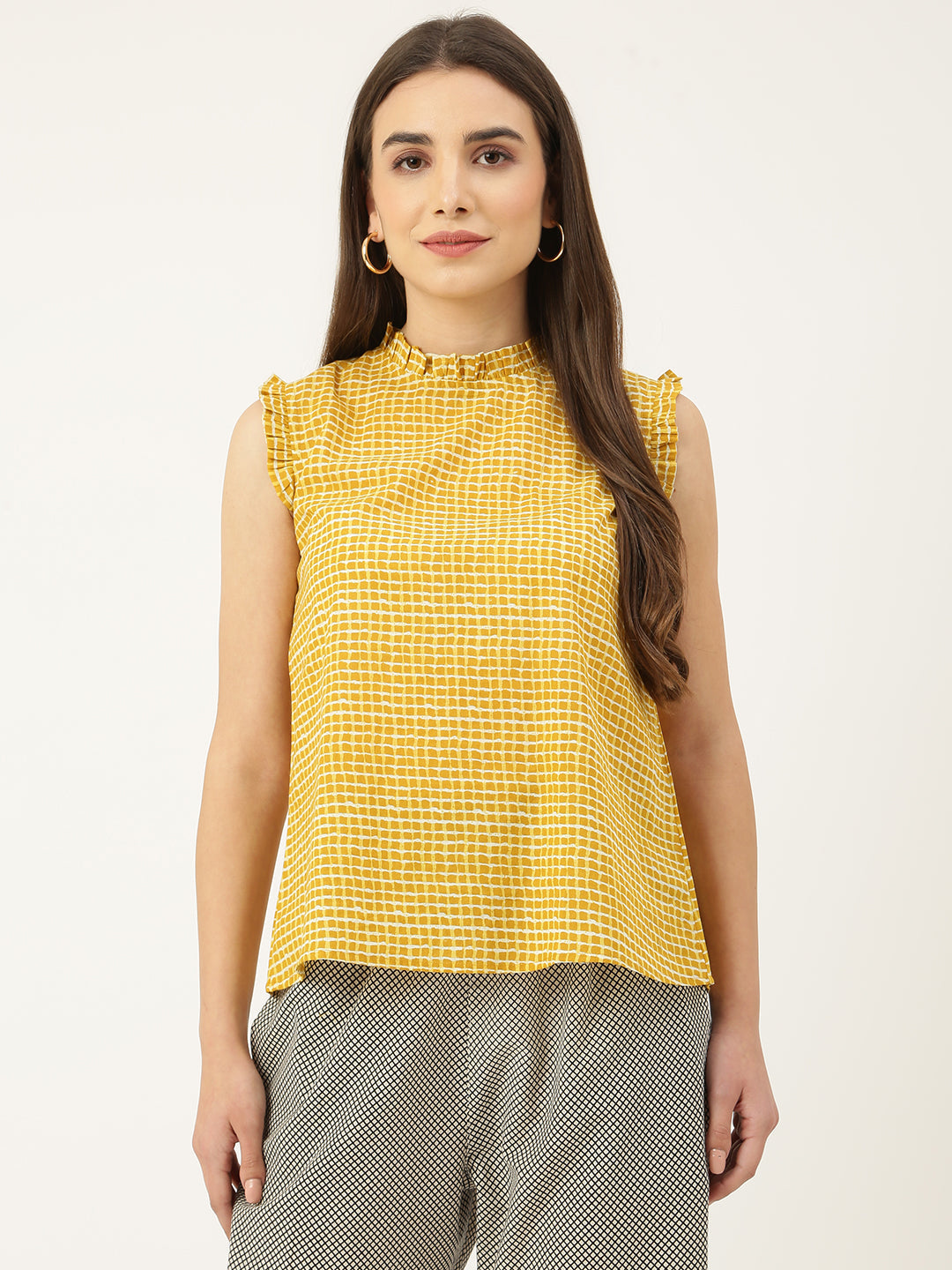 Women's Yellow Checked High Neck Aline Top With Ruffles On Neck And Armhole, Sleeveless With Back Openable One Button. - Deckedup